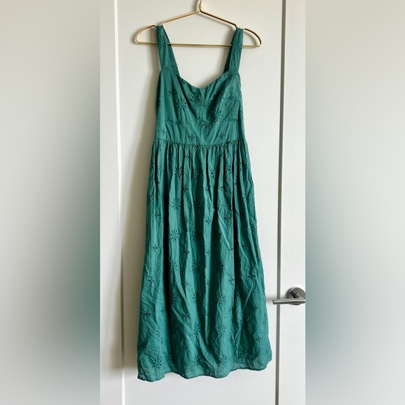 J.Crew Mineral Green Eyelet Cotton Midi Sundress Pockets Fit Flare Size 8 - Picture 5 of 14